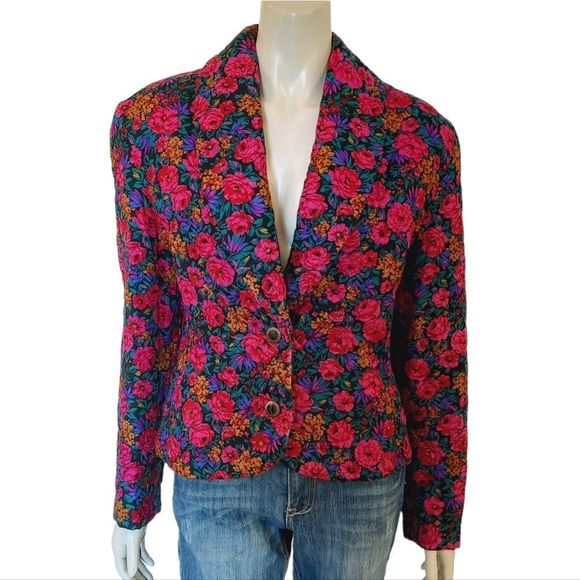 Vintage Jackets & Blazers - 𝅺VINTAGE 90s Quilted Jacket size Medium Cotton Floral Print Shoulder Pads